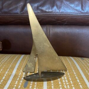 VINTAGE Solid Brass Sail Boat w Great Patina; Sail moves when screw is adjusted